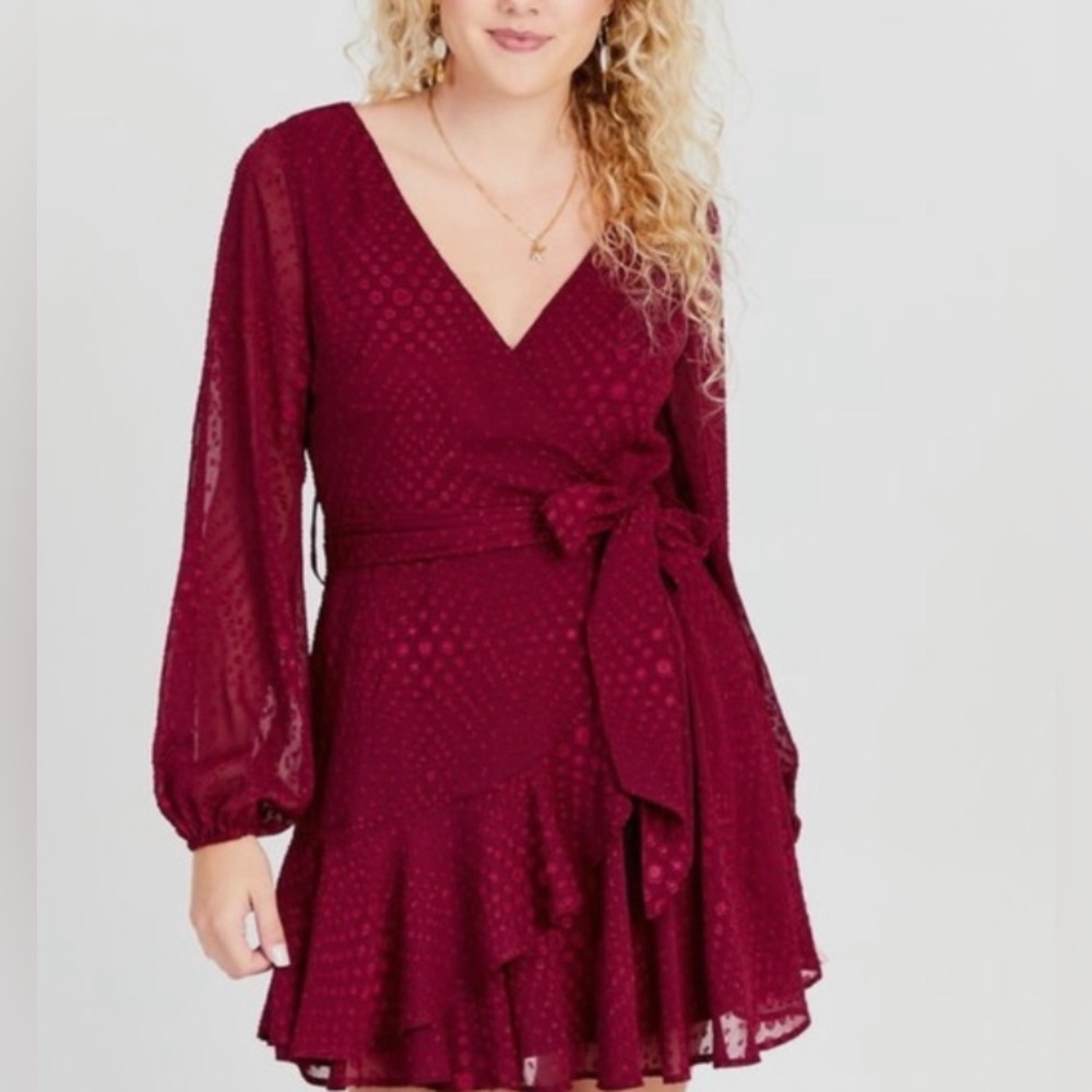 Altar’d State Darian long sleeve wrap dress in wine red